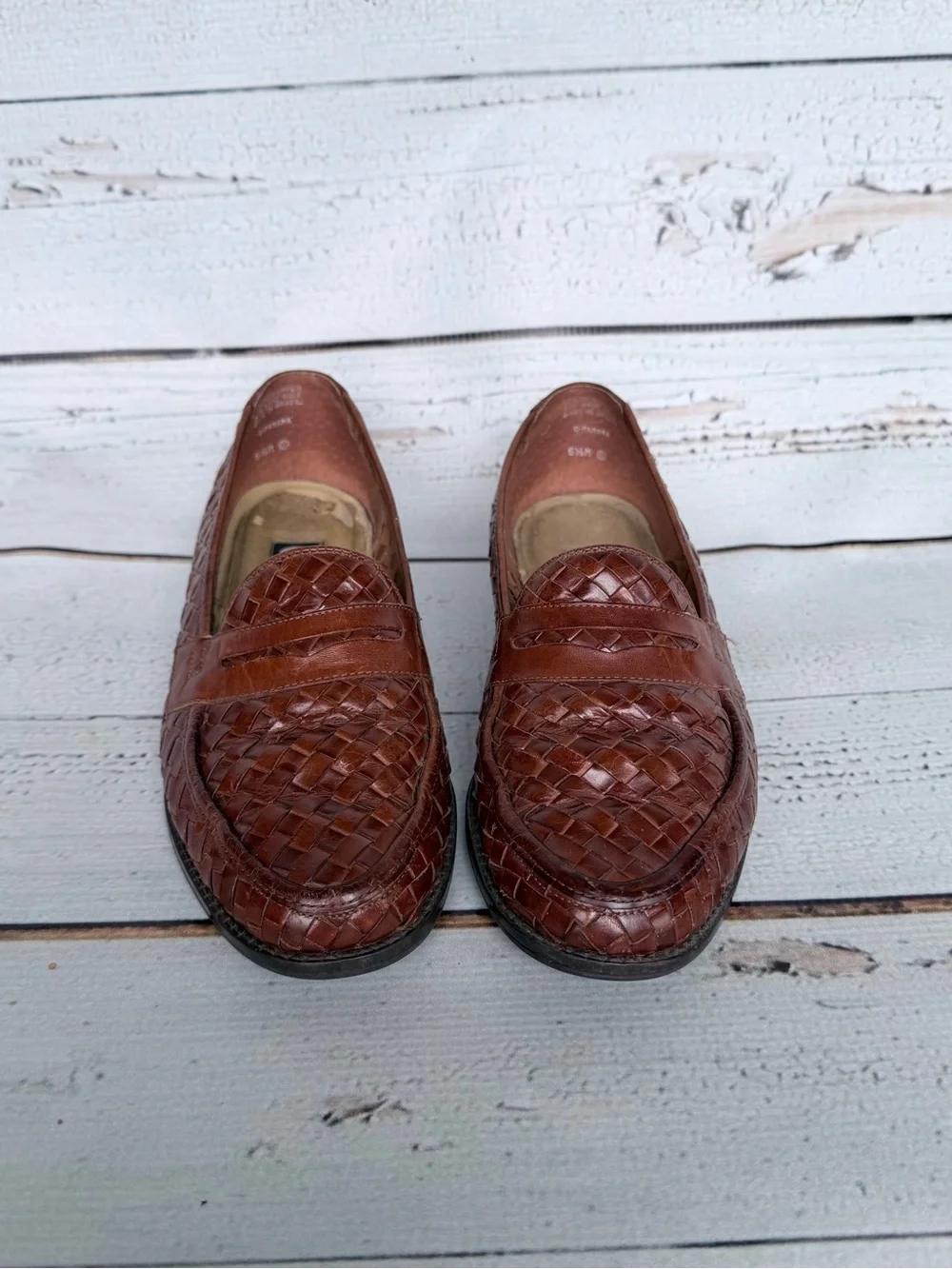 Vintage Pappagallo Brown Woven Leather Penny Loafers - Size 5.5